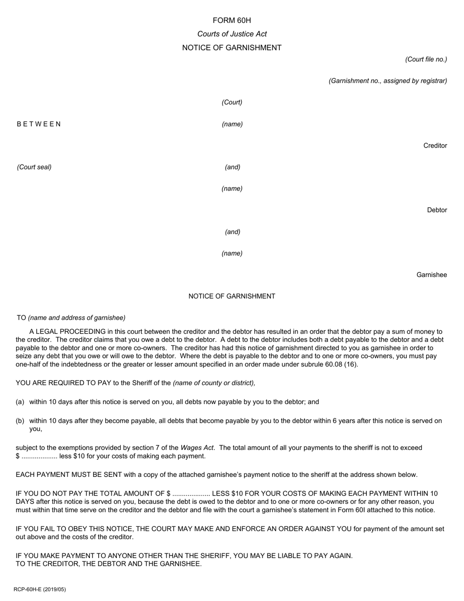 Form 60H Notice of Garnishment - Ontario, Canada, Page 1