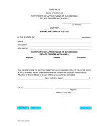 Document preview: Form 74.23 Certificate of Appointment of Succeeding Estate Trustee With a Will - Ontario, Canada
