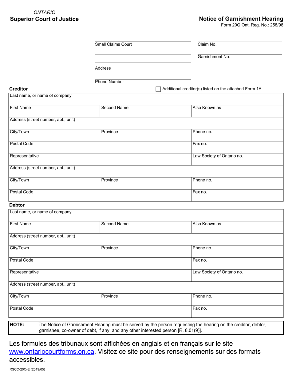 Form 20Q Notice of Garnishment Hearing - Ontario, Canada, Page 1