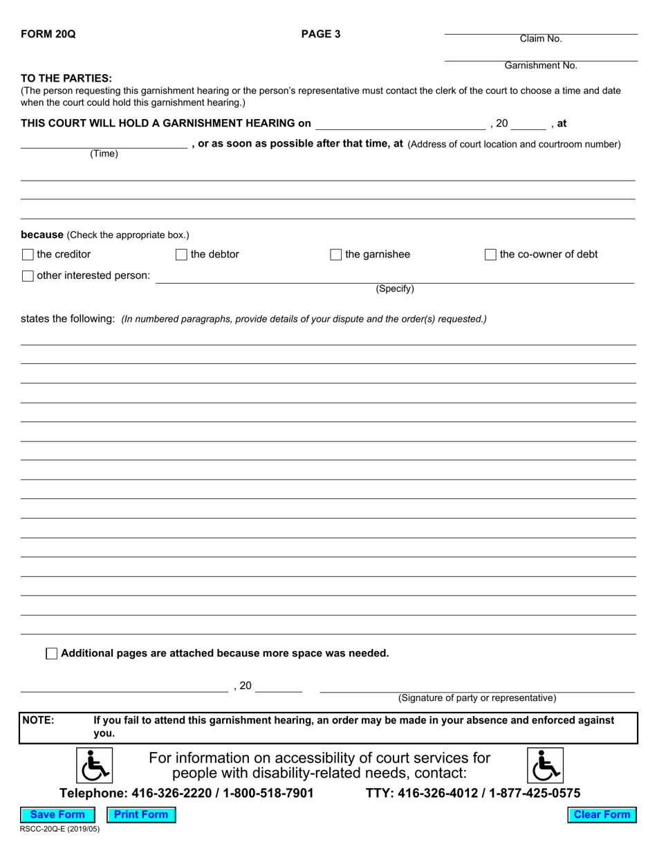 Form 20Q Notice of Garnishment Hearing - Ontario, Canada, Page 3