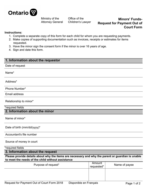 Minors' Funds - Request for Payment out of Court Form - Ontario, Canada Download Pdf