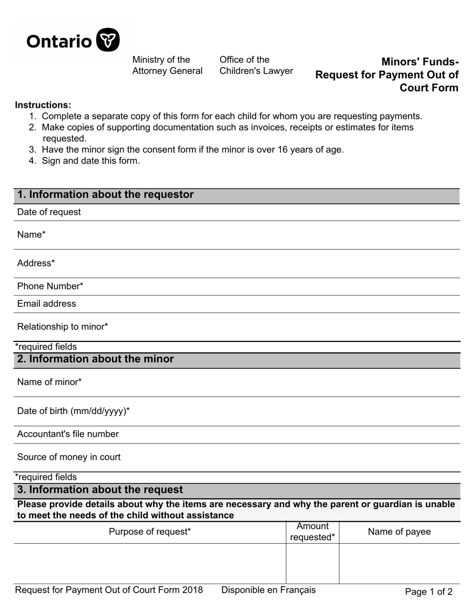 Minors Funds - Request for Payment out of Court Form - Ontario, Canada, Page 1