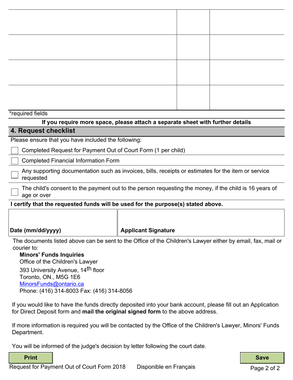 Minors Funds - Request for Payment out of Court Form - Ontario, Canada, Page 2
