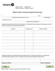 Document preview: Minors' Funds - Consent to Payment out of Court - Ontario, Canada