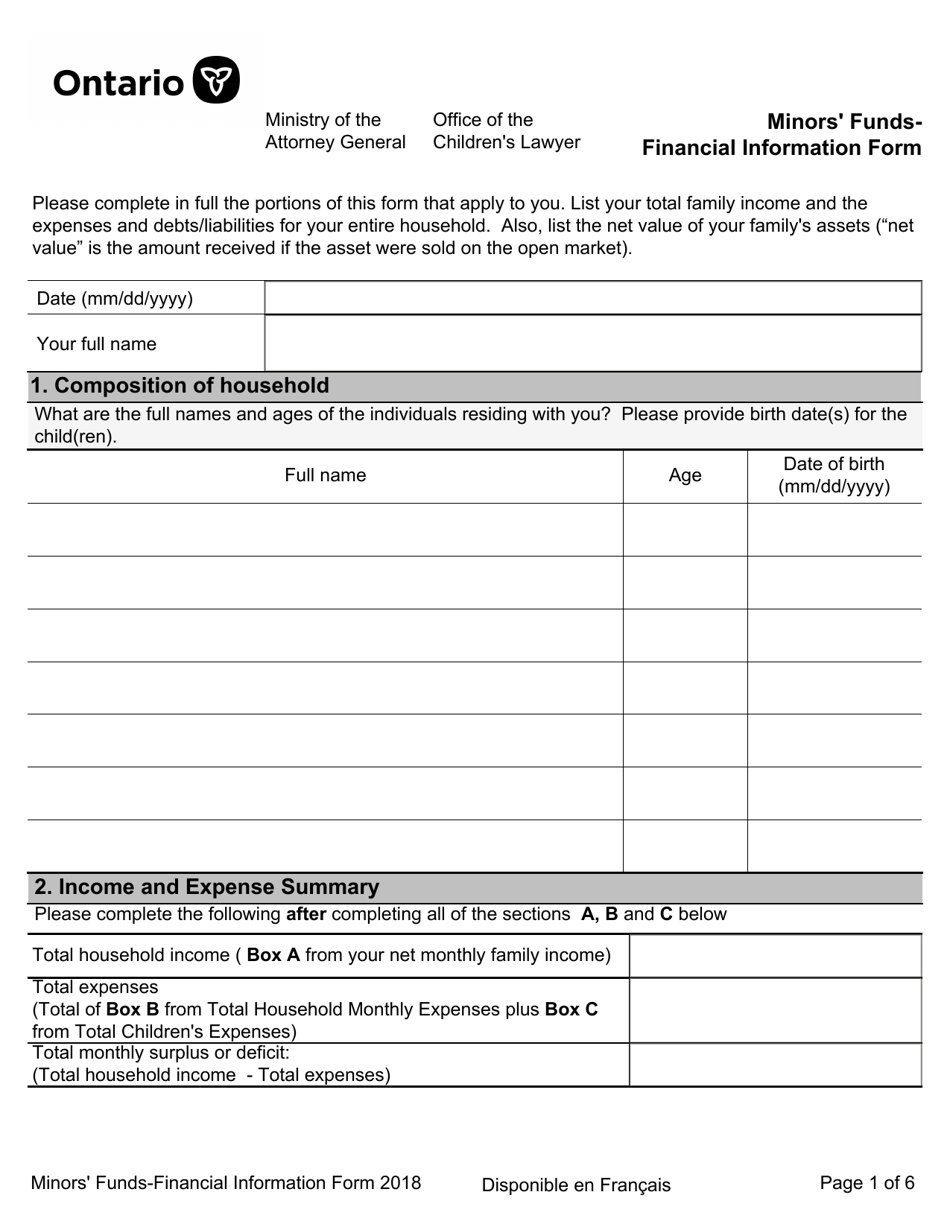 Minors Funds - Financial Information Form - Ontario, Canada, Page 1