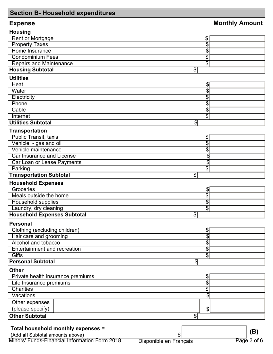 Minors Funds - Financial Information Form - Ontario, Canada, Page 3