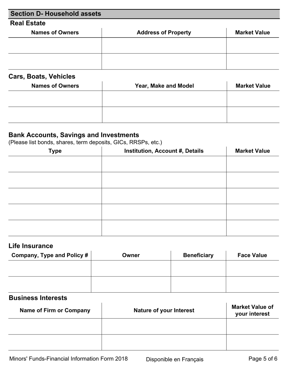 Minors Funds - Financial Information Form - Ontario, Canada, Page 5