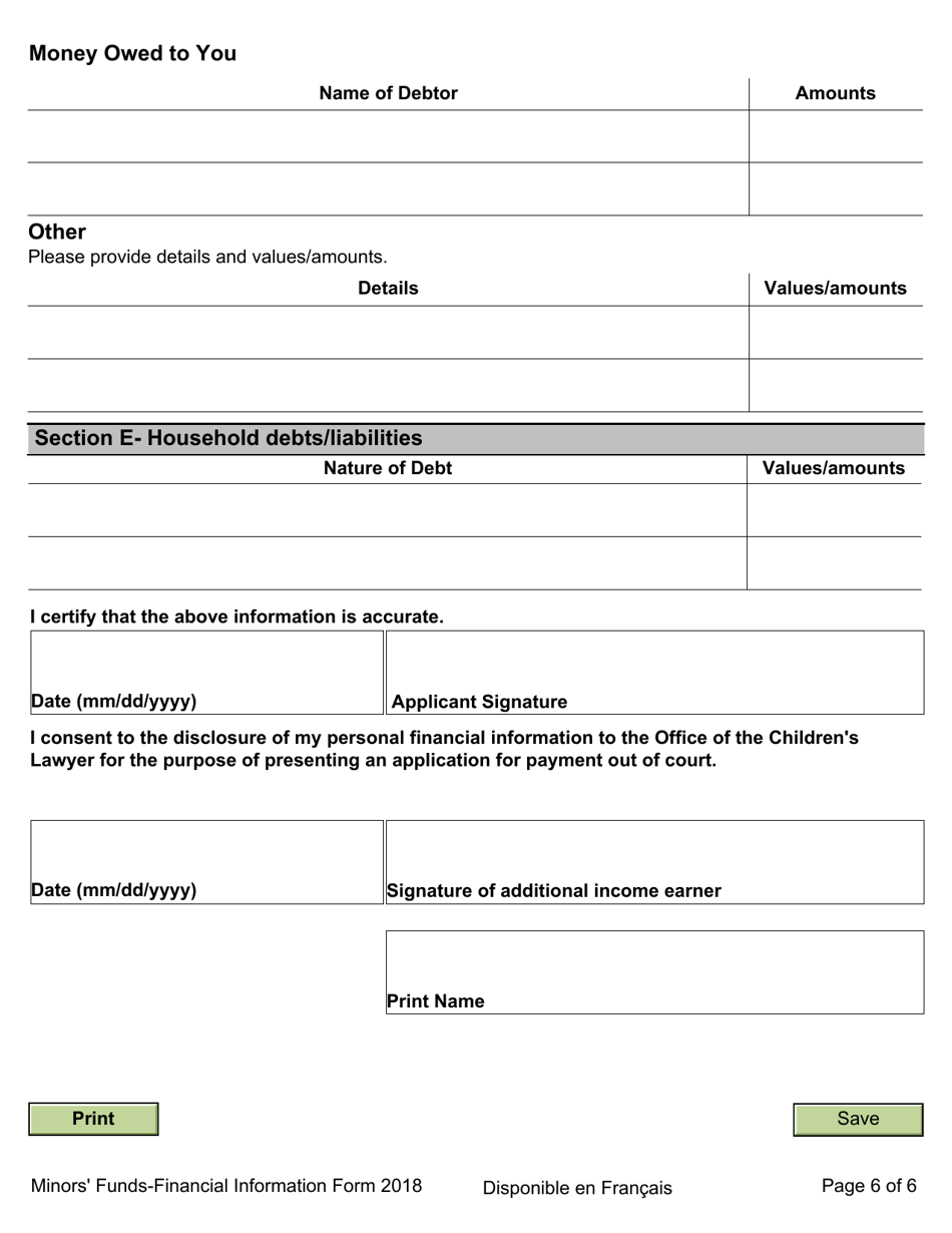 Minors Funds - Financial Information Form - Ontario, Canada, Page 6