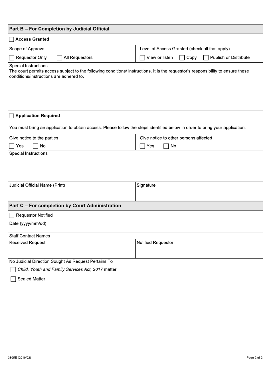 Form 3805E Request Form - Access to Exhibits - Ontario, Canada, Page 2