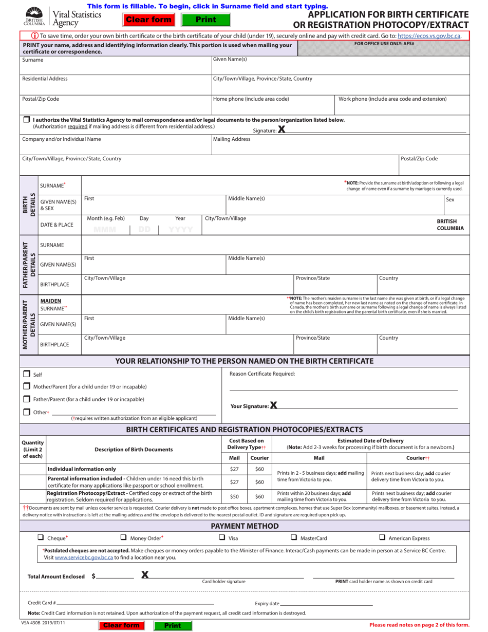 Form VSA430B Application for Birth Certificate or Registration Photocopy/Extract - British Columbia, Canada, Page 1