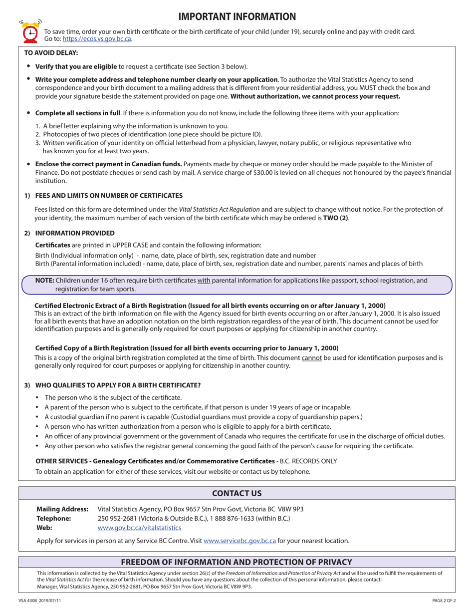 Form VSA430B Application for Birth Certificate or Registration Photocopy / Extract - British Columbia, Canada, Page 2