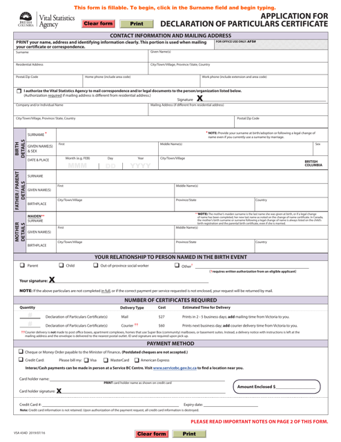 Form VSA434D Application for Declaration of Particulars Certificate - British Columbia, Canada