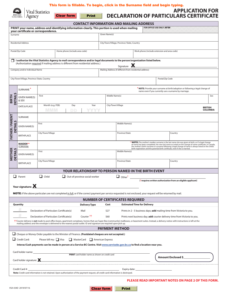 Form VSA434D Application for Declaration of Particulars Certificate - British Columbia, Canada, Page 1