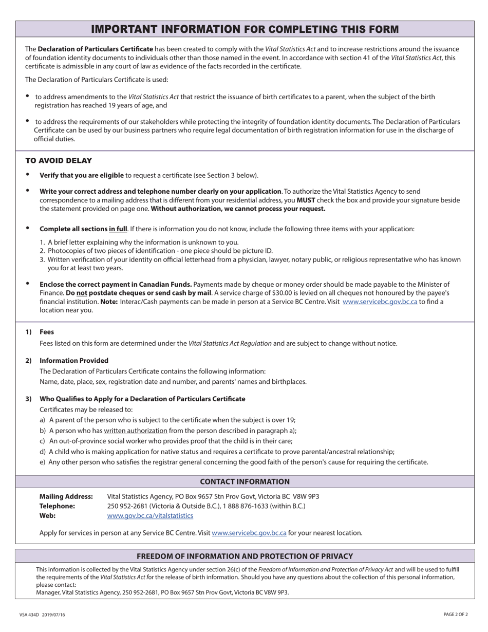 Form VSA434D Application for Declaration of Particulars Certificate - British Columbia, Canada, Page 2