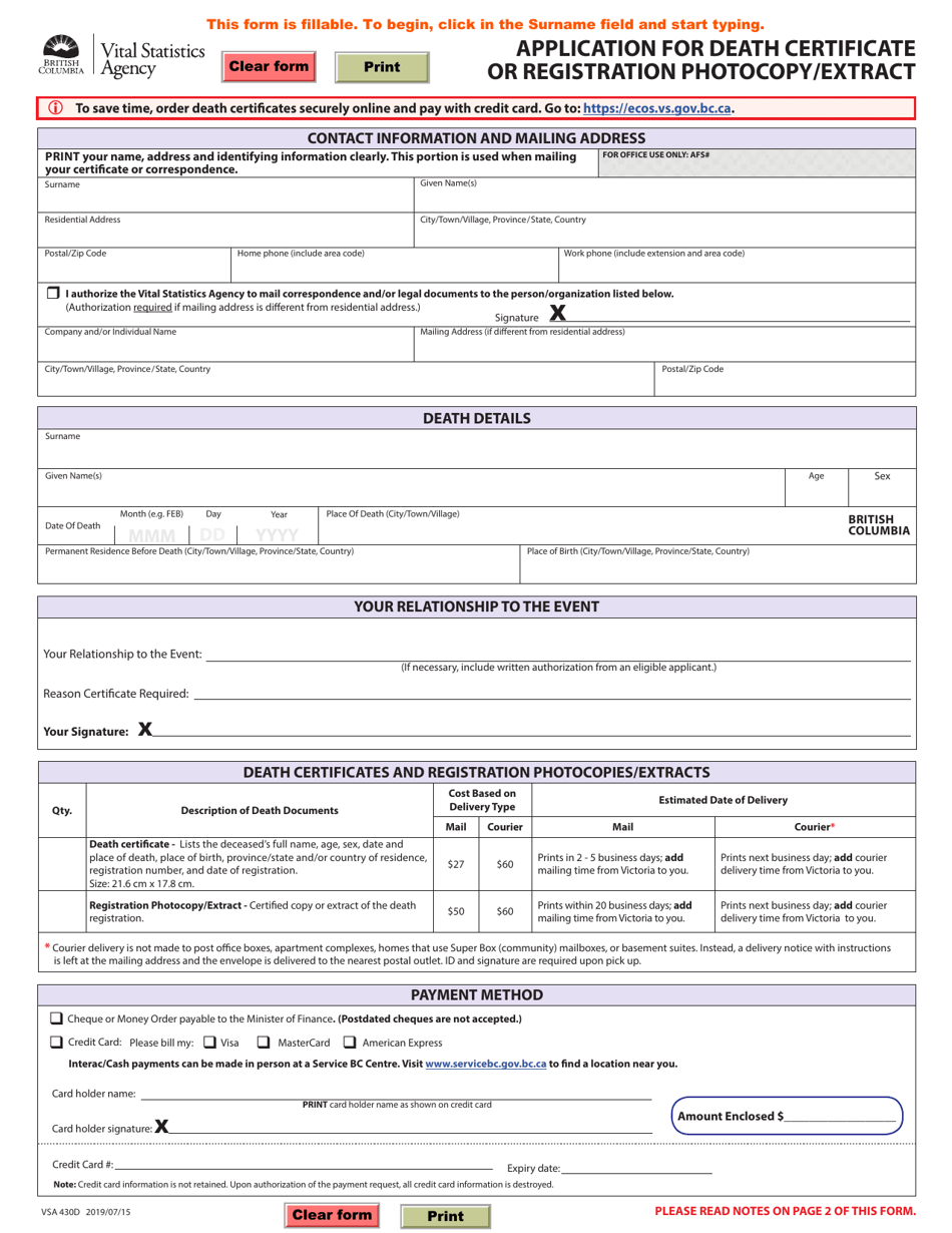 Form VSA430D Application for Death Certificate or Registration Photocopy / Extract - British Columbia, Canada, Page 1