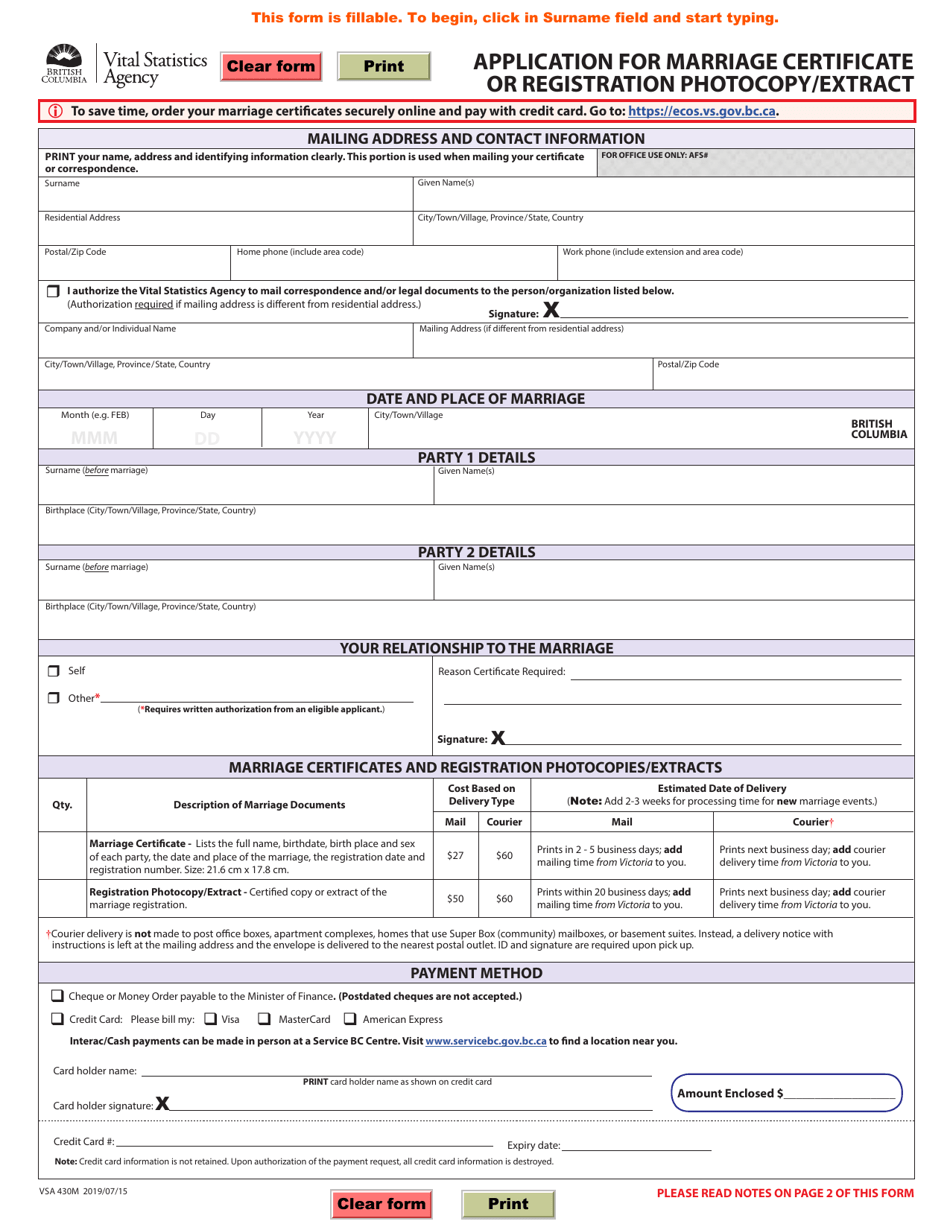 Form VSA430M Application for Marriage Certificate or Registration Photocopy / Extract - British Columbia, Canada, Page 1