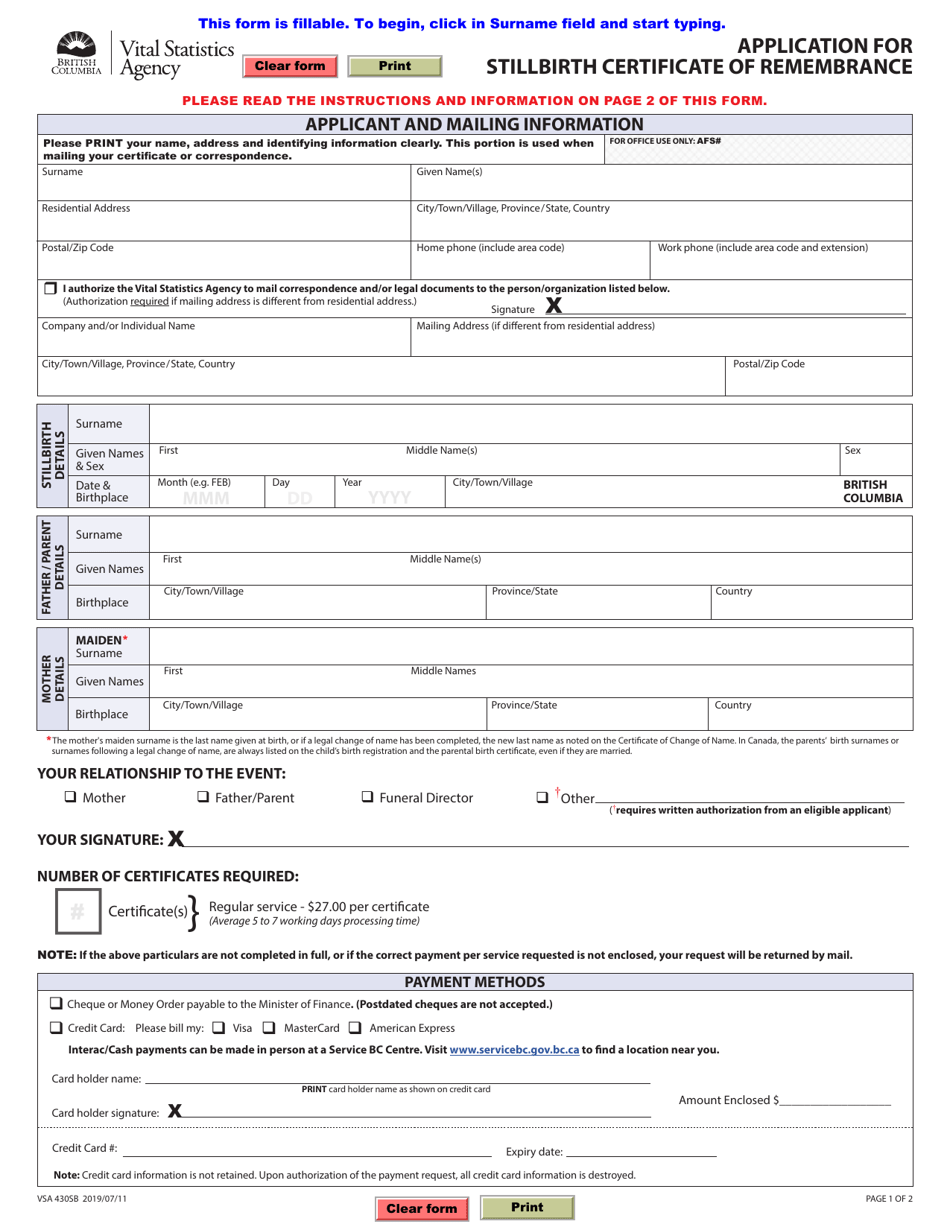 Form VSA430SB Application for Stillbirth Certificate of Remembrance - British Columbia, Canada, Page 1