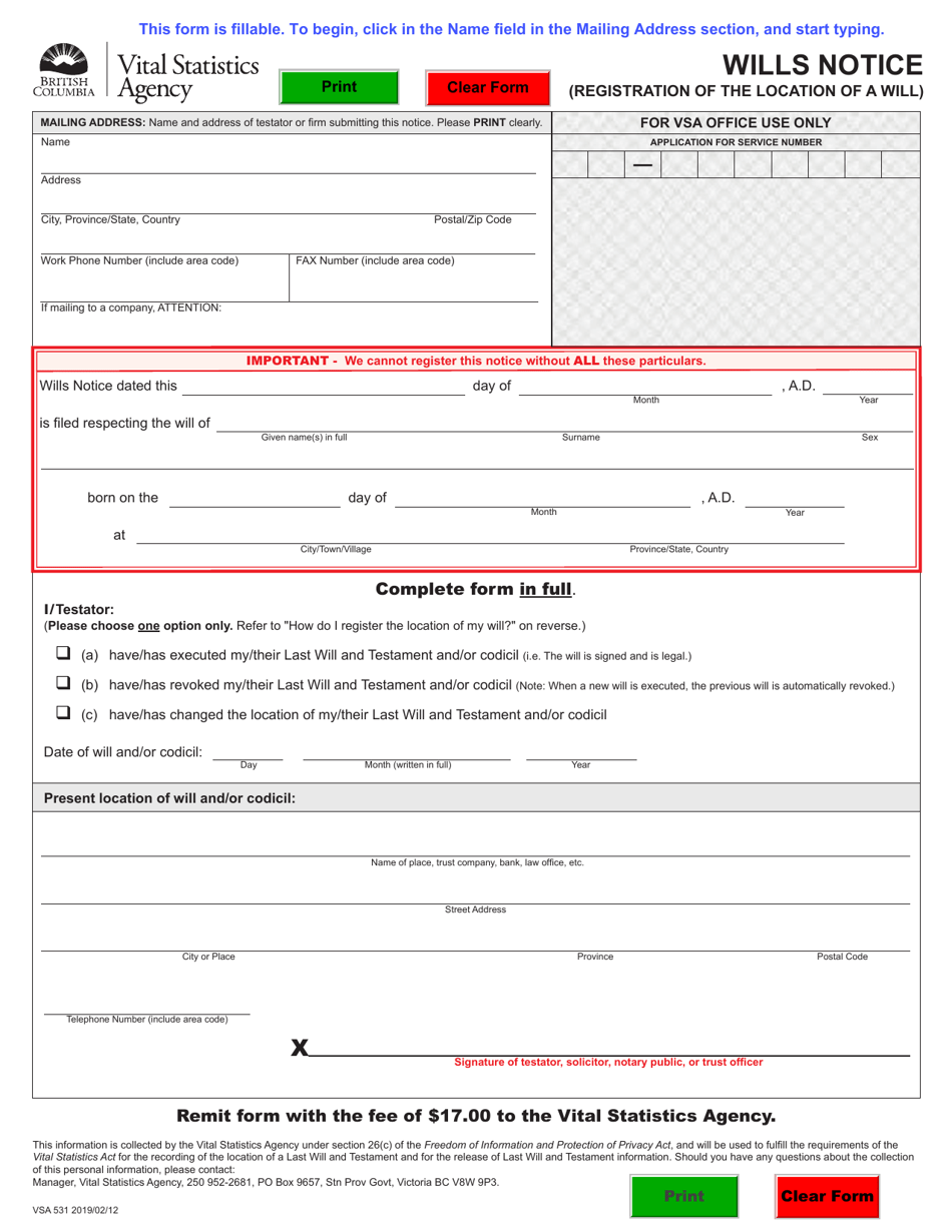 Form VSA531 Wills Notice (Registration of the Location of a Will) - British Columbia, Canada, Page 1