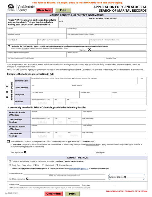 Form VSA430G Application for Genealogical Search of Marital Records - British Columbia, Canada