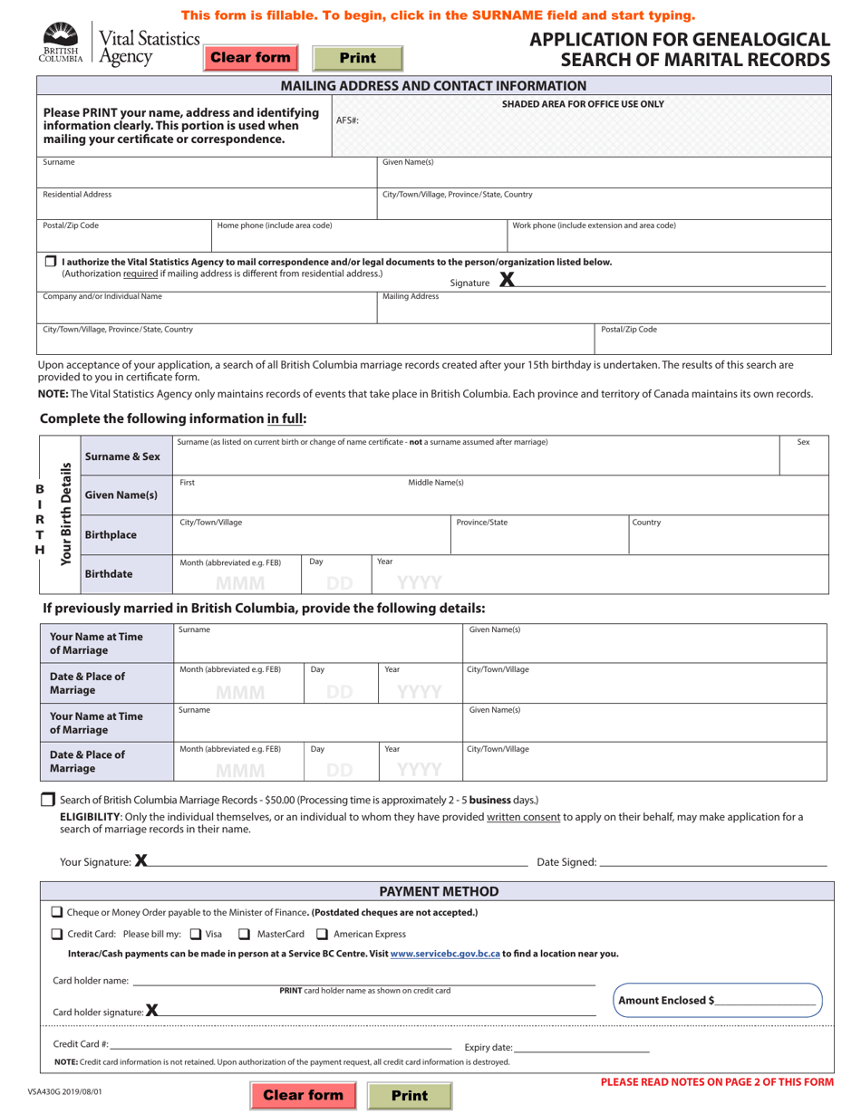 Form VSA430G - Fill Out, Sign Online and Download Fillable PDF, British ...