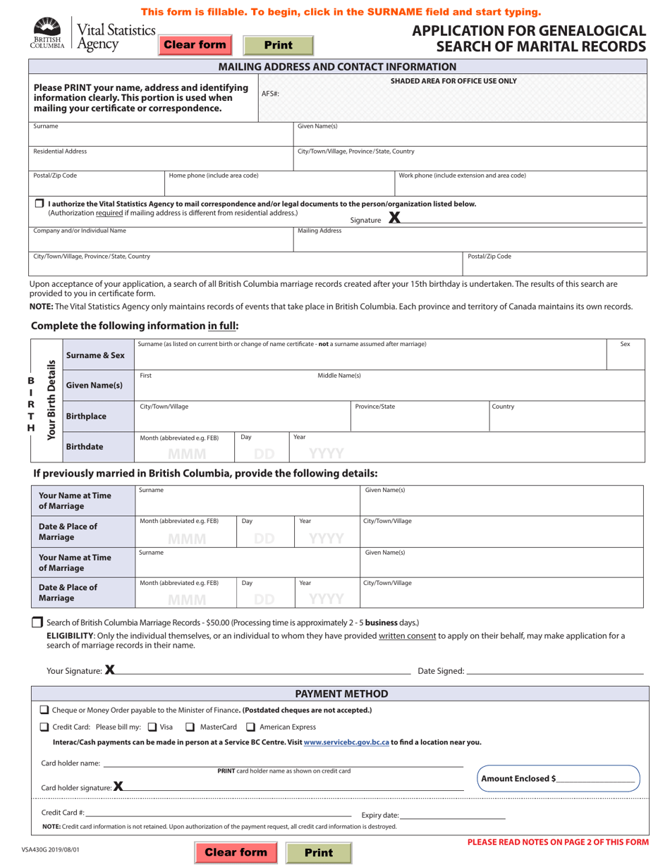 Form VSA430G Application for Genealogical Search of Marital Records - British Columbia, Canada, Page 1