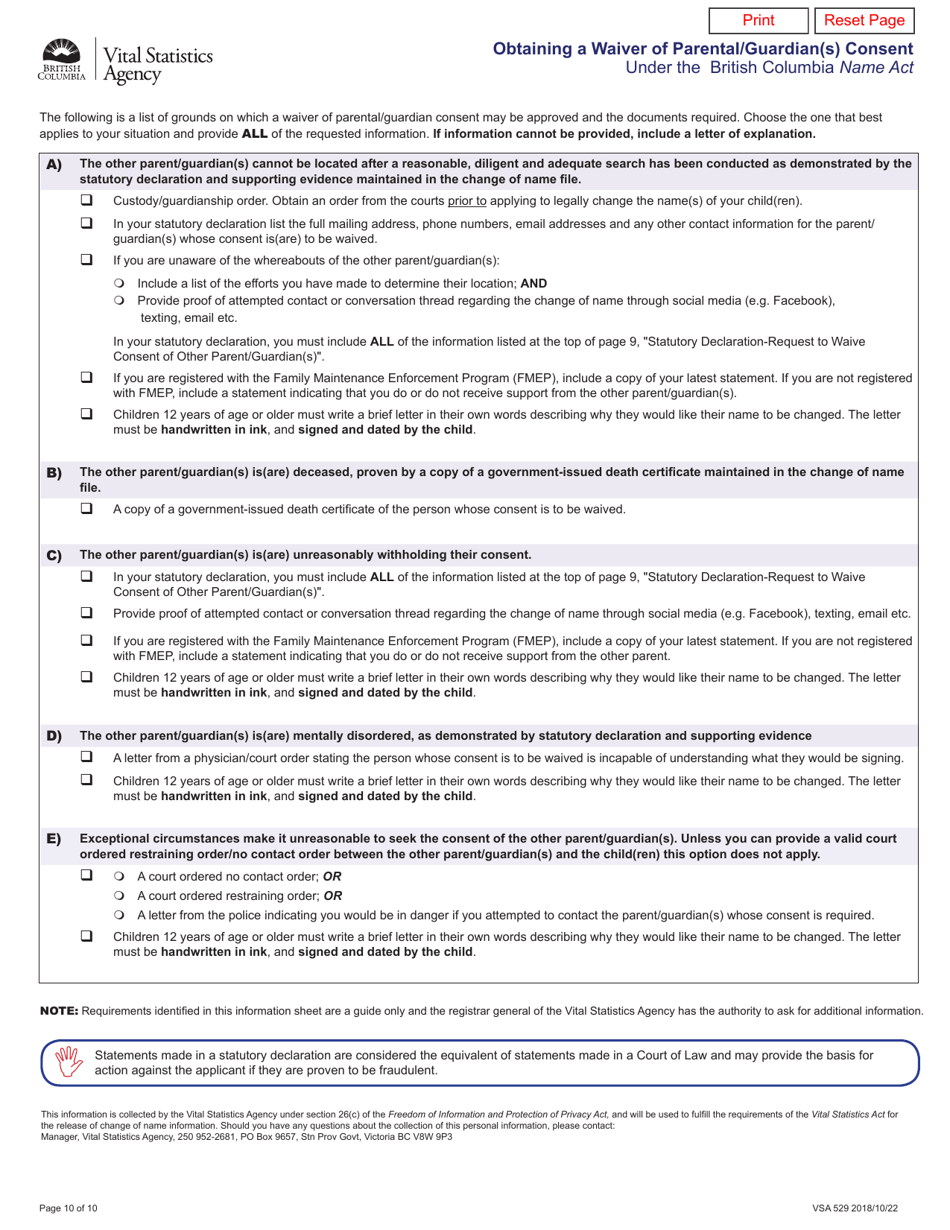 Form VSA529 Application for Change of Name - British Columbia, Canada, Page 10