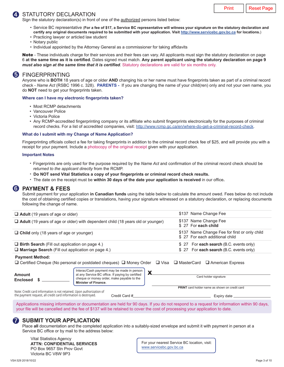 Form VSA529 Application for Change of Name - British Columbia, Canada, Page 3