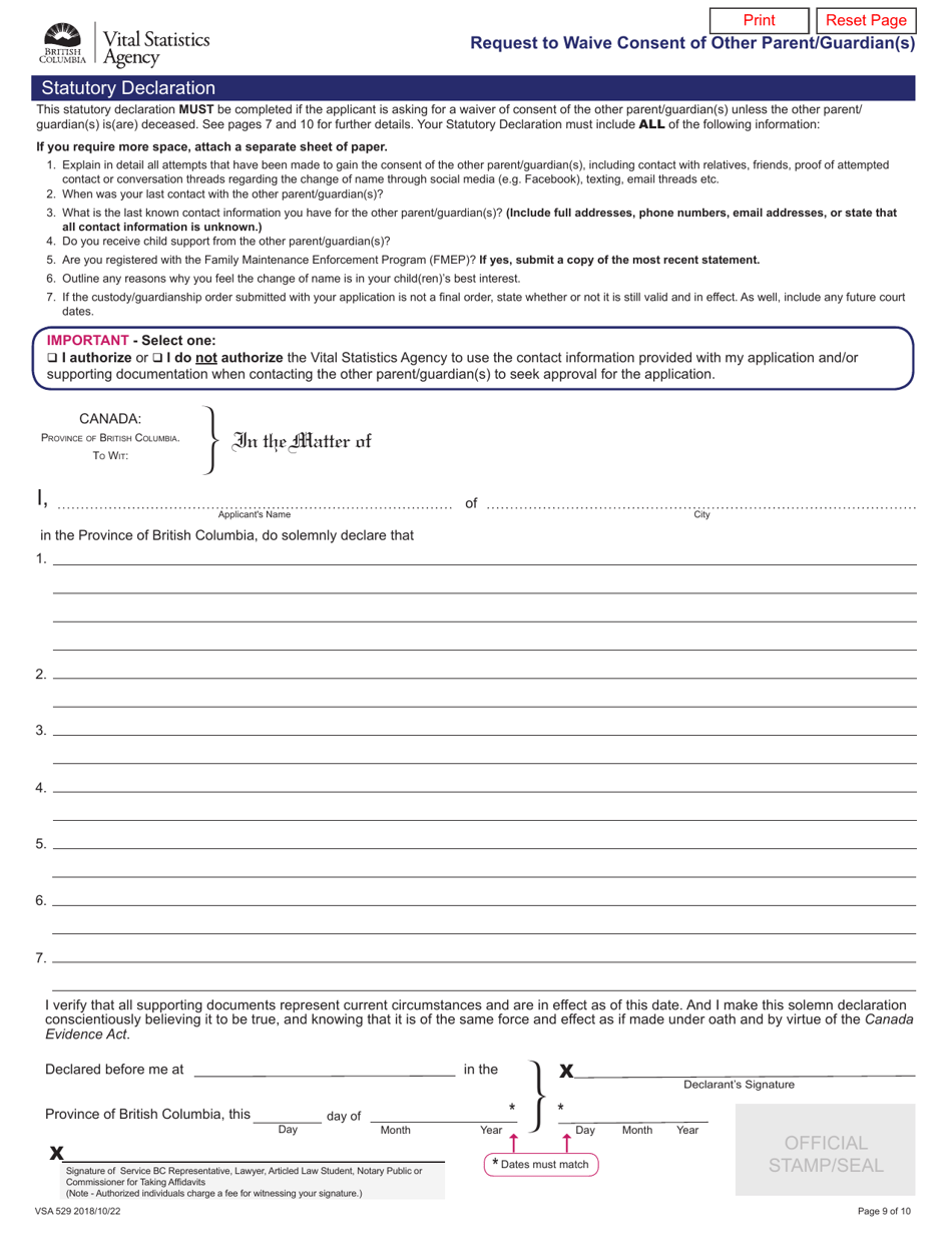Form VSA529 Application for Change of Name - British Columbia, Canada, Page 9