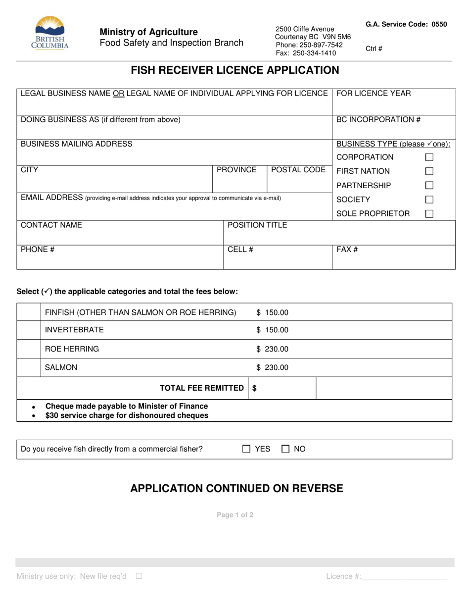 Fish Receiver Licence Application - British Columbia, Canada, Page 1