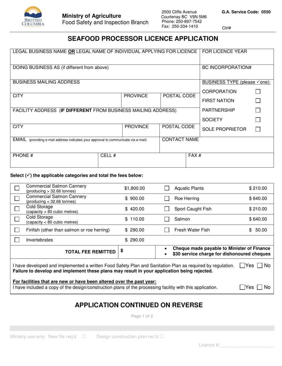 Seafood Processor Licence Application - British Columbia, Canada, Page 1
