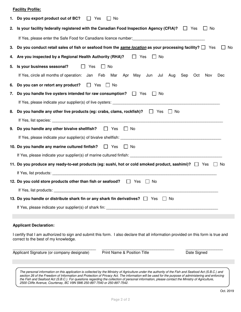 Seafood Processor Licence Application - British Columbia, Canada, Page 2