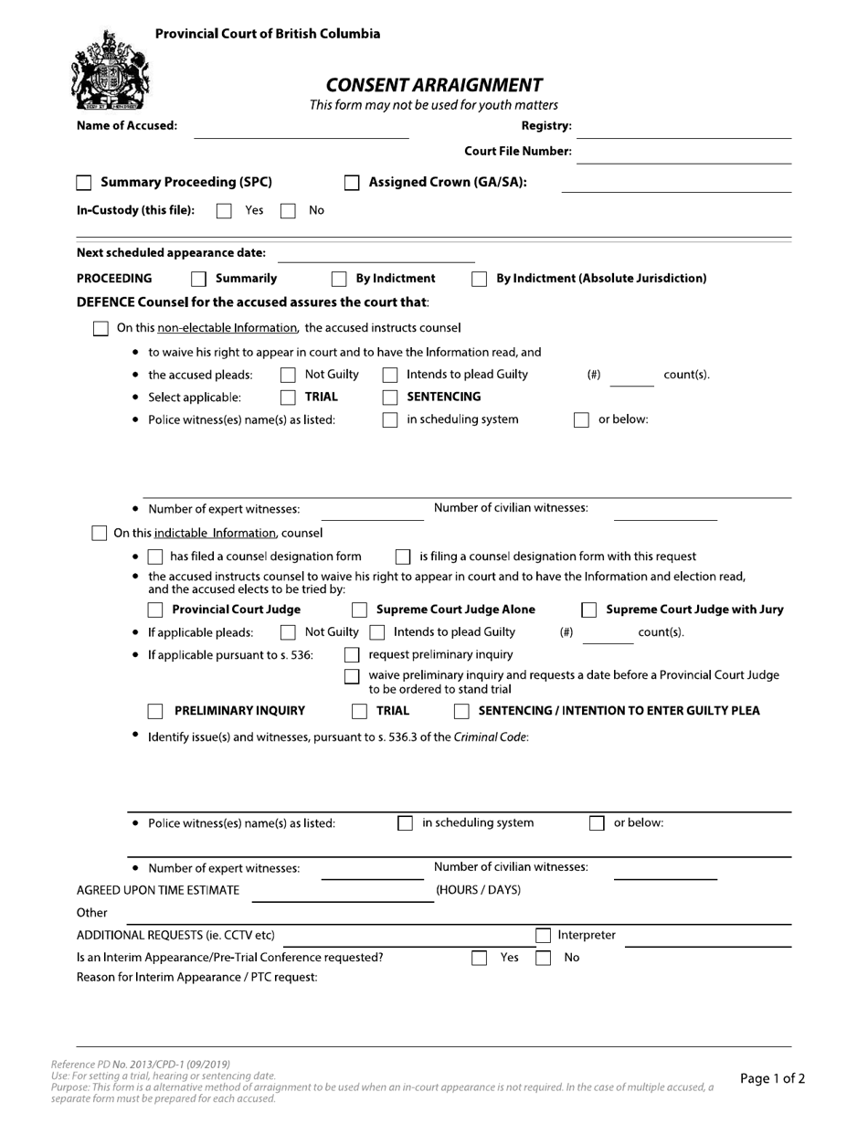 Form 4 (CPD-1) Consent Arraignment - British Columbia, Canada, Page 1