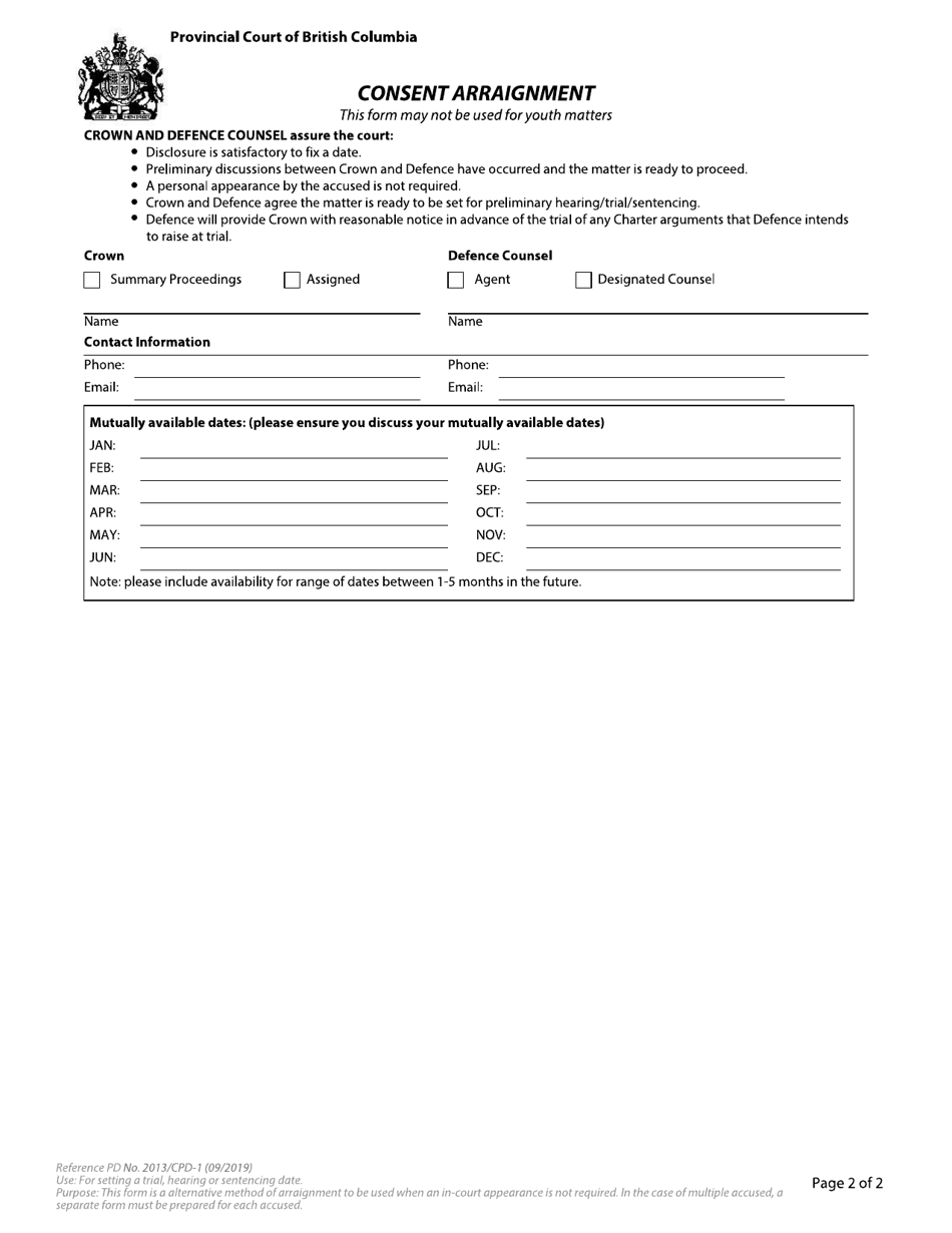 Form 4 (CPD-1) Consent Arraignment - British Columbia, Canada, Page 2