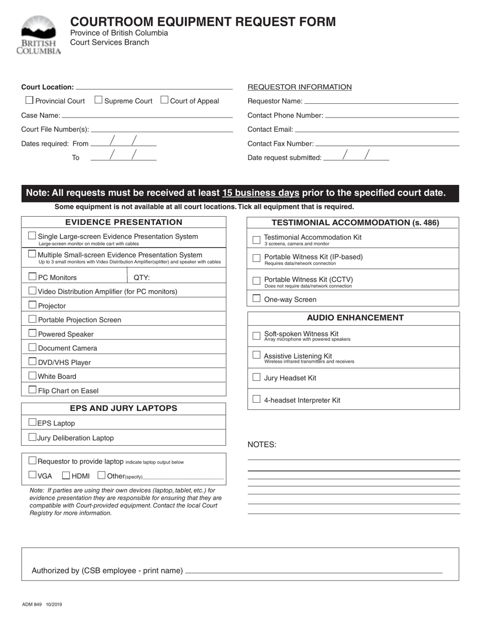 Form ADM849 Courtroom Equipment Request Form - British Columbia, Canada, Page 1