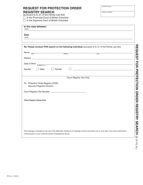 Form PFA914 Request for Protection Order Registry Search - British Columbia, Canada
