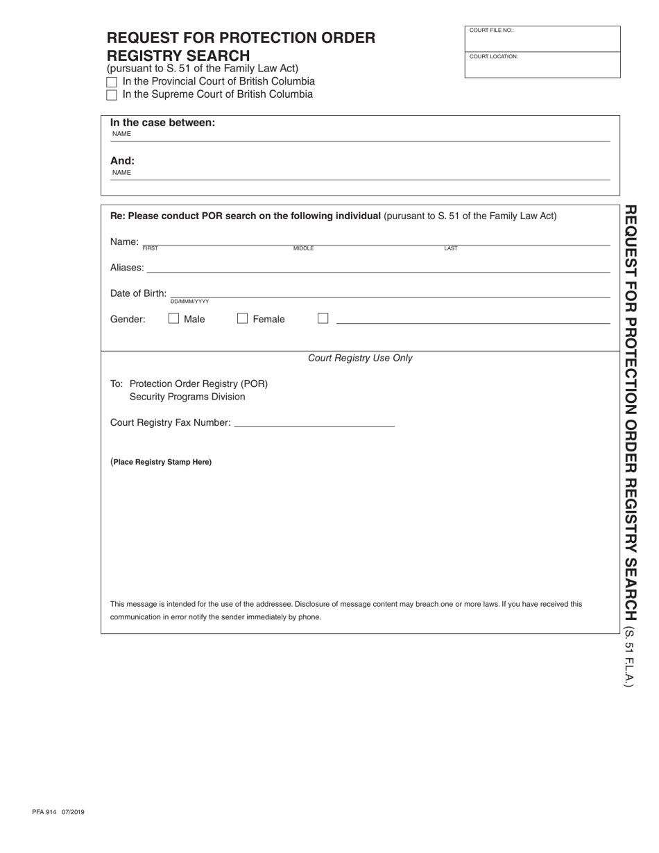 Form PFA914 Request for Protection Order Registry Search - British Columbia, Canada, Page 1
