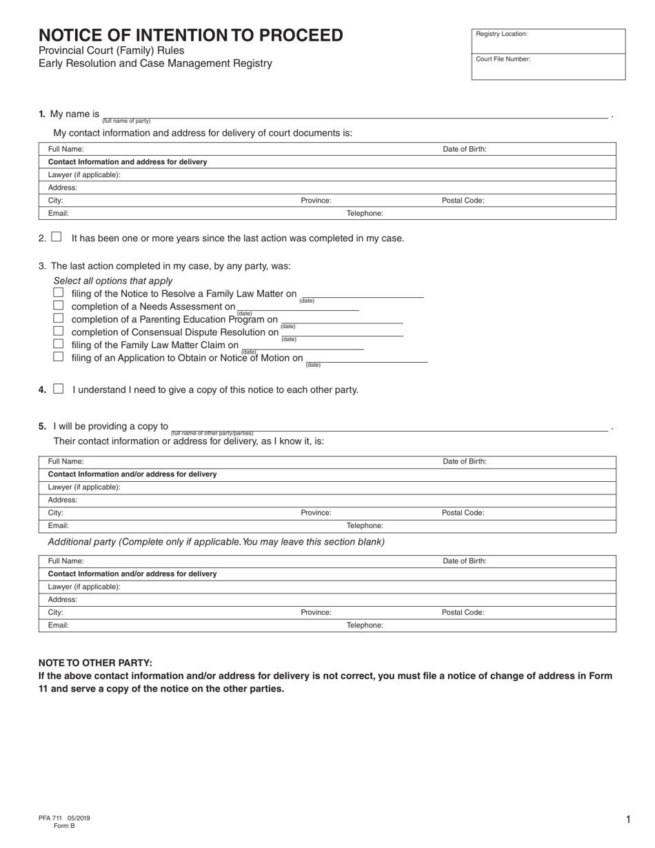 Form B (PFA711) Notice of Intention to Proceed - British Columbia, Canada, Page 1