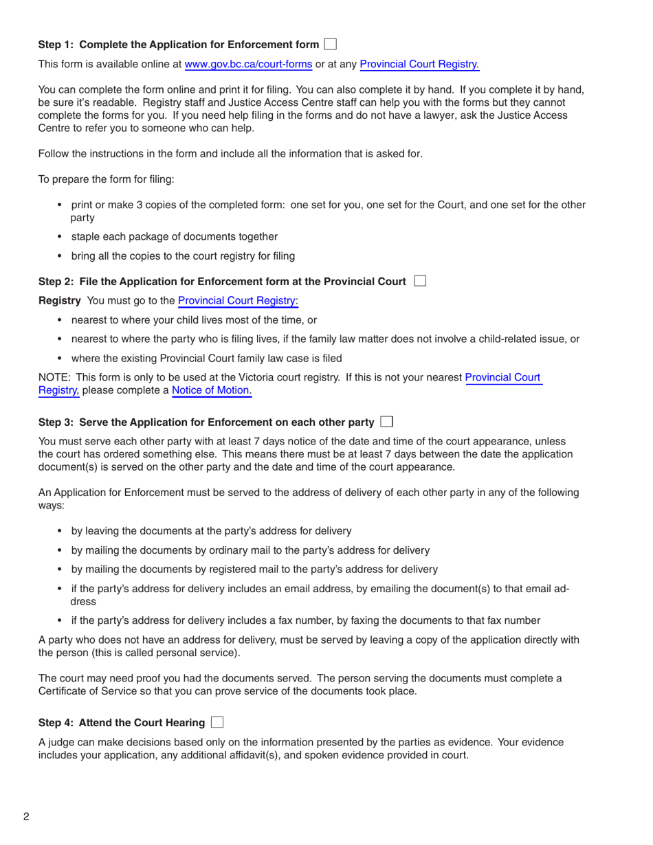 Form P (PFA725) Application for Enforcement - British Columbia, Canada, Page 2