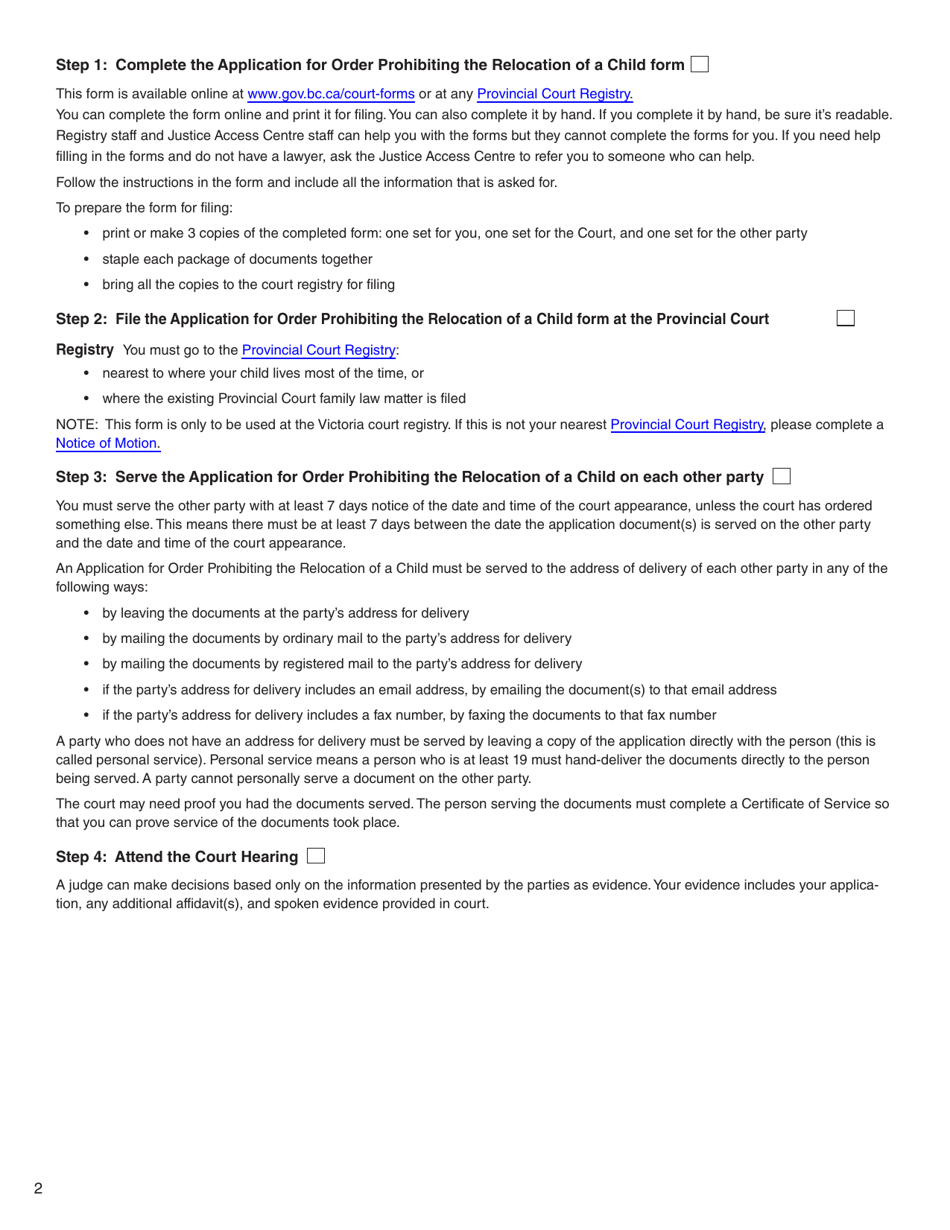 Form O (PFA724) Application for Order Prohibiting the Relocation of a Child - British Columbia, Canada, Page 2