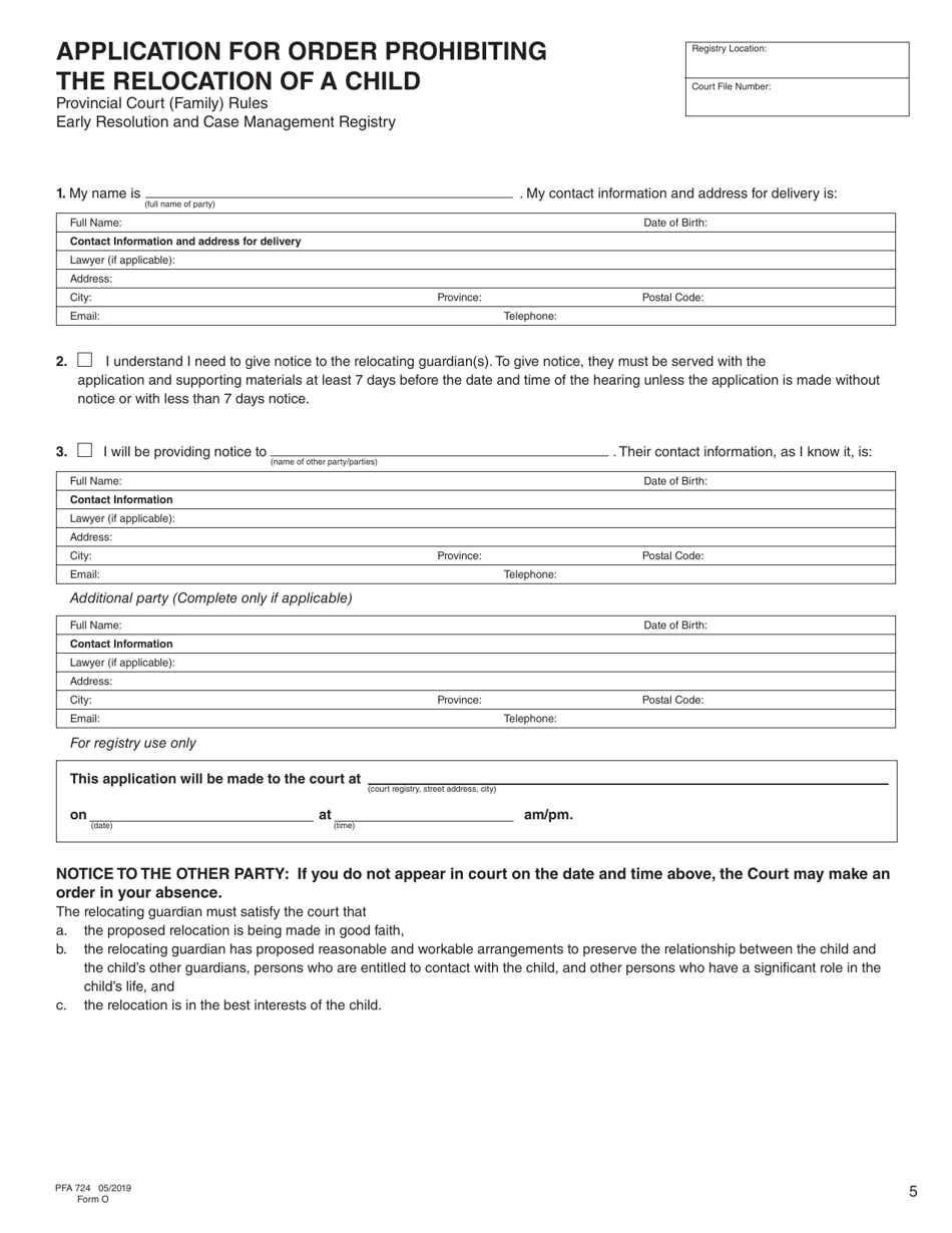Form O (PFA724) Application for Order Prohibiting the Relocation of a Child - British Columbia, Canada, Page 5