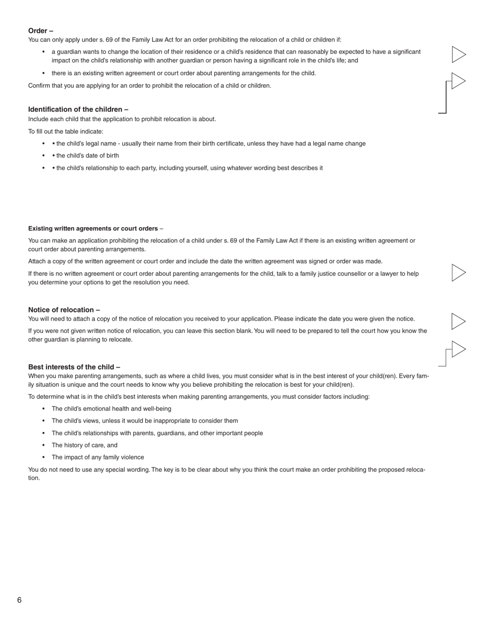 Form O (PFA724) Application for Order Prohibiting the Relocation of a Child - British Columbia, Canada, Page 6