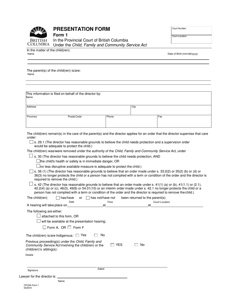 CFCSA Form 1 Presentation Form - British Columbia, Canada, Page 1