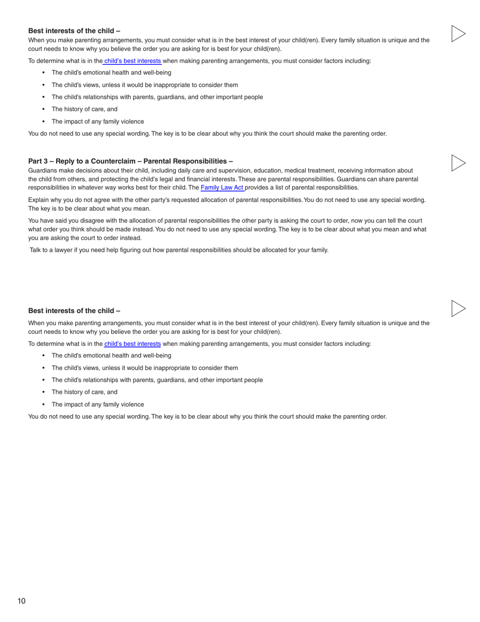 Form G (PFA716) Reply to a Counterclaim - British Columbia, Canada, Page 10