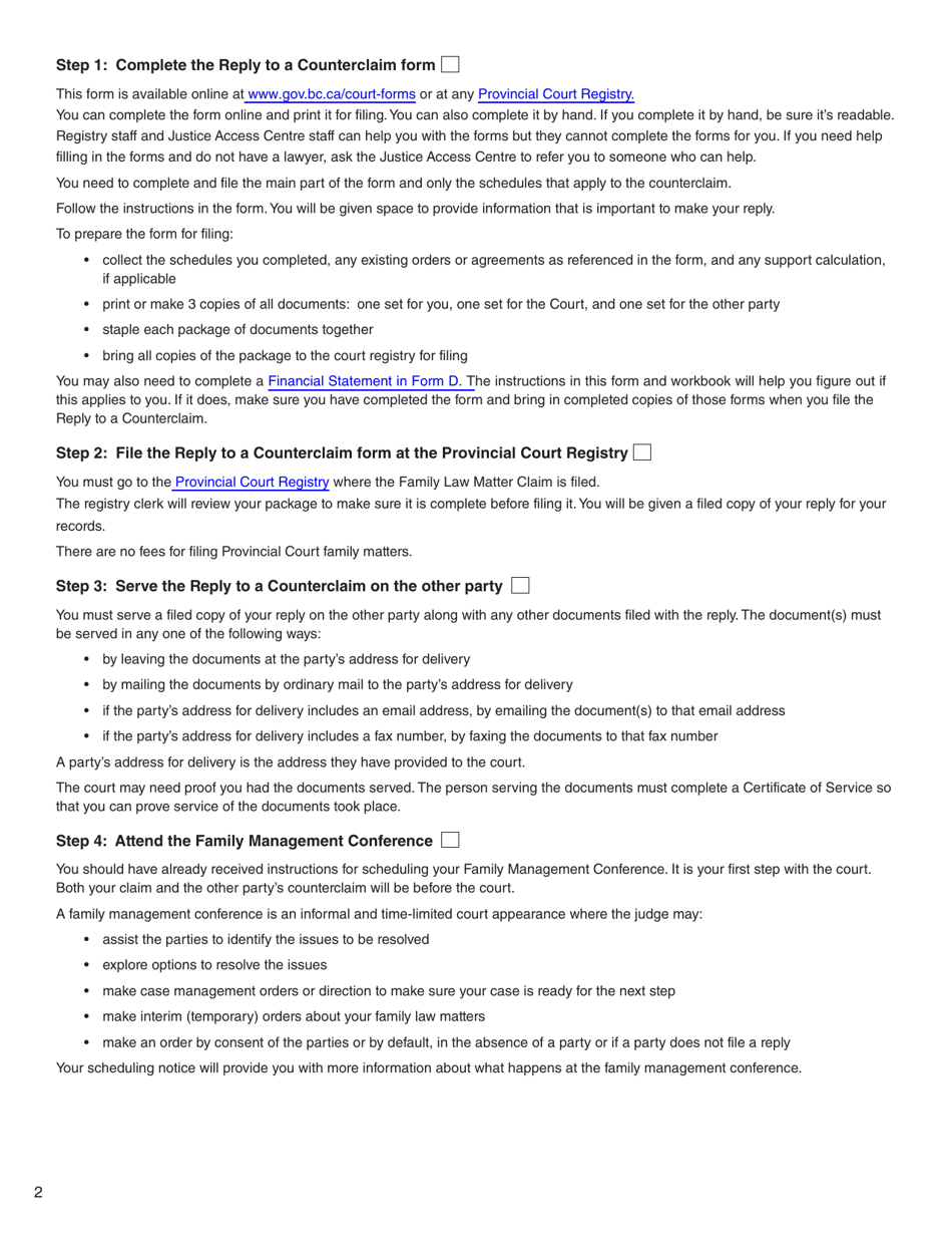 Form G (PFA716) Reply to a Counterclaim - British Columbia, Canada, Page 2