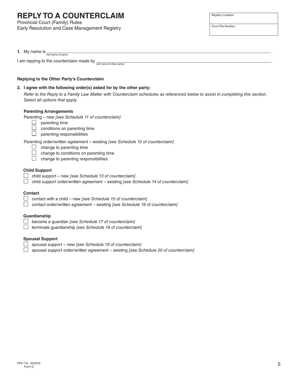 Form G (PFA716) Reply to a Counterclaim - British Columbia, Canada, Page 5