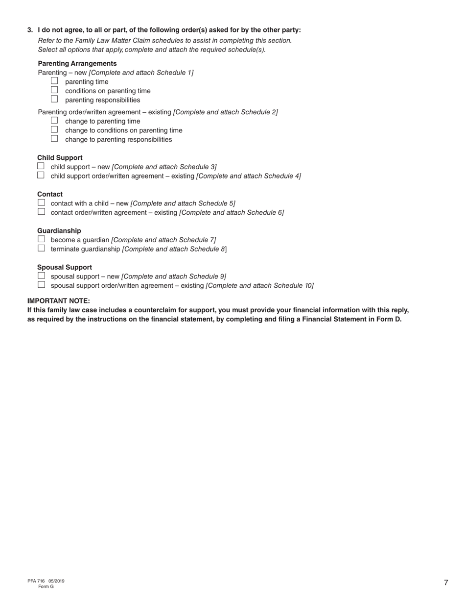 Form G (PFA716) Reply to a Counterclaim - British Columbia, Canada, Page 7
