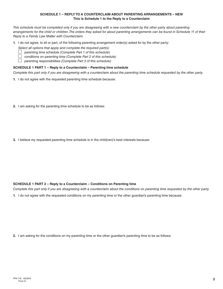 Form G (PFA716) Reply to a Counterclaim - British Columbia, Canada, Page 9