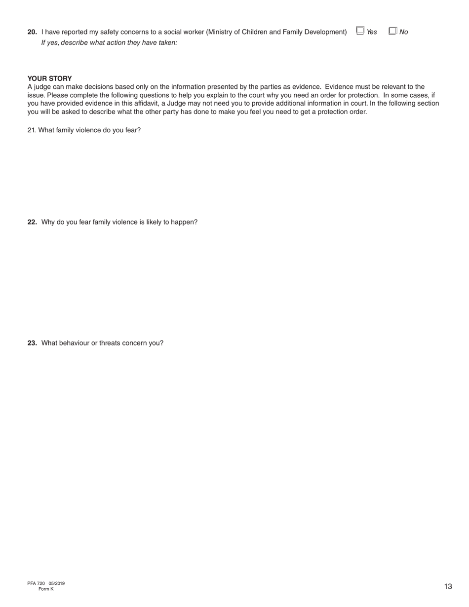 Form K (PFA720) Application About a Protection Order - British Columbia, Canada, Page 13