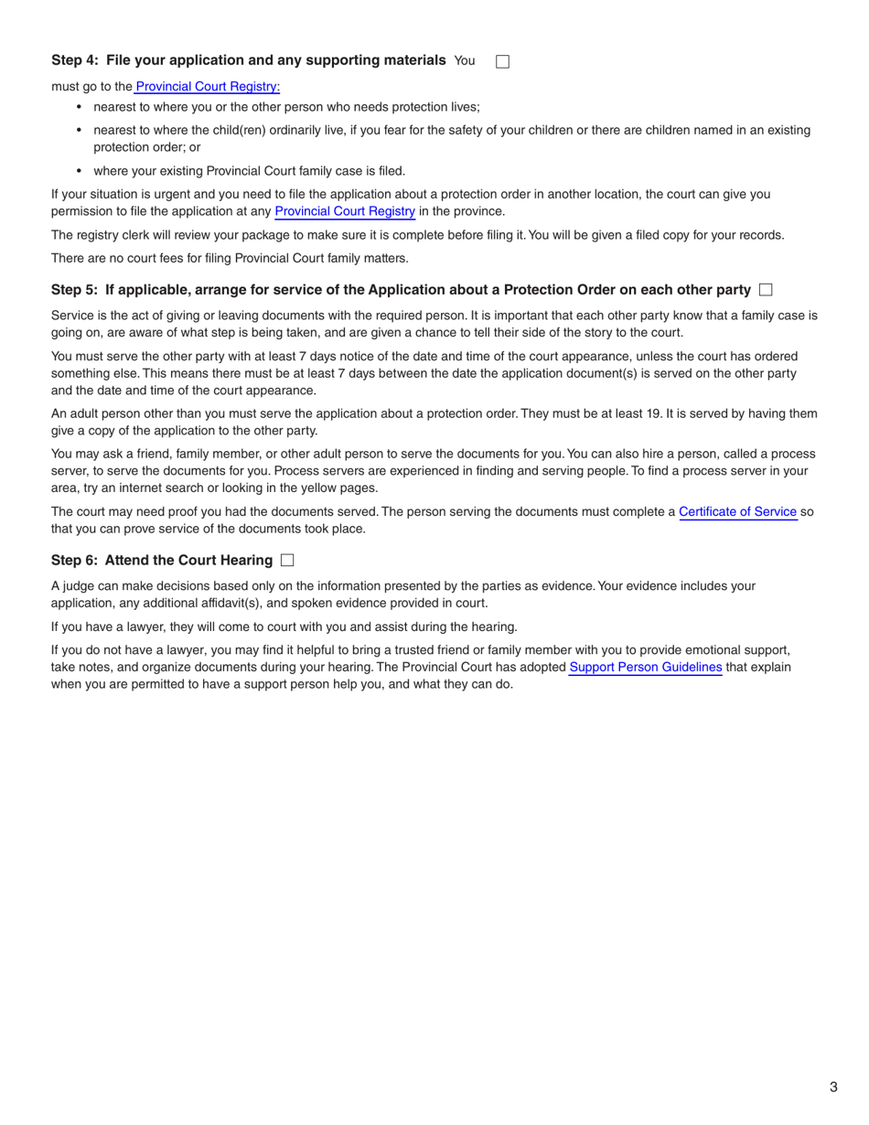 Form K (PFA720) Application About a Protection Order - British Columbia, Canada, Page 3