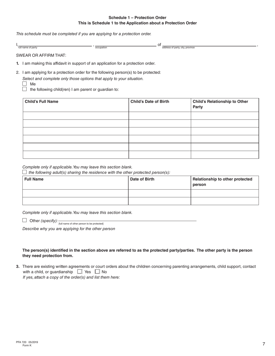 Form K (PFA720) Application About a Protection Order - British Columbia, Canada, Page 7